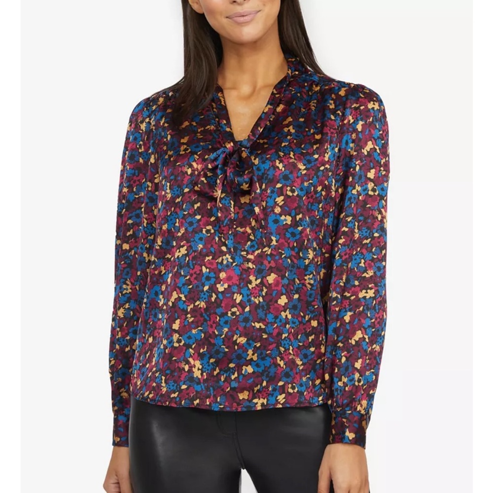 Laundry By Shelli Segal Multicolor Floral Tie Front Blouse Size Large NWT
